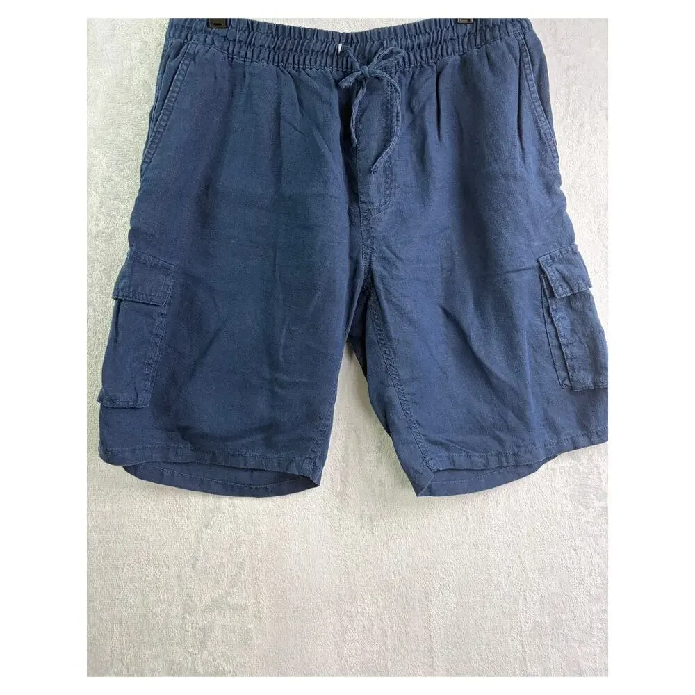 Onia Air Men's Linen Deep Navy Pull-On Drawstring Cargo Shorts  - Size L